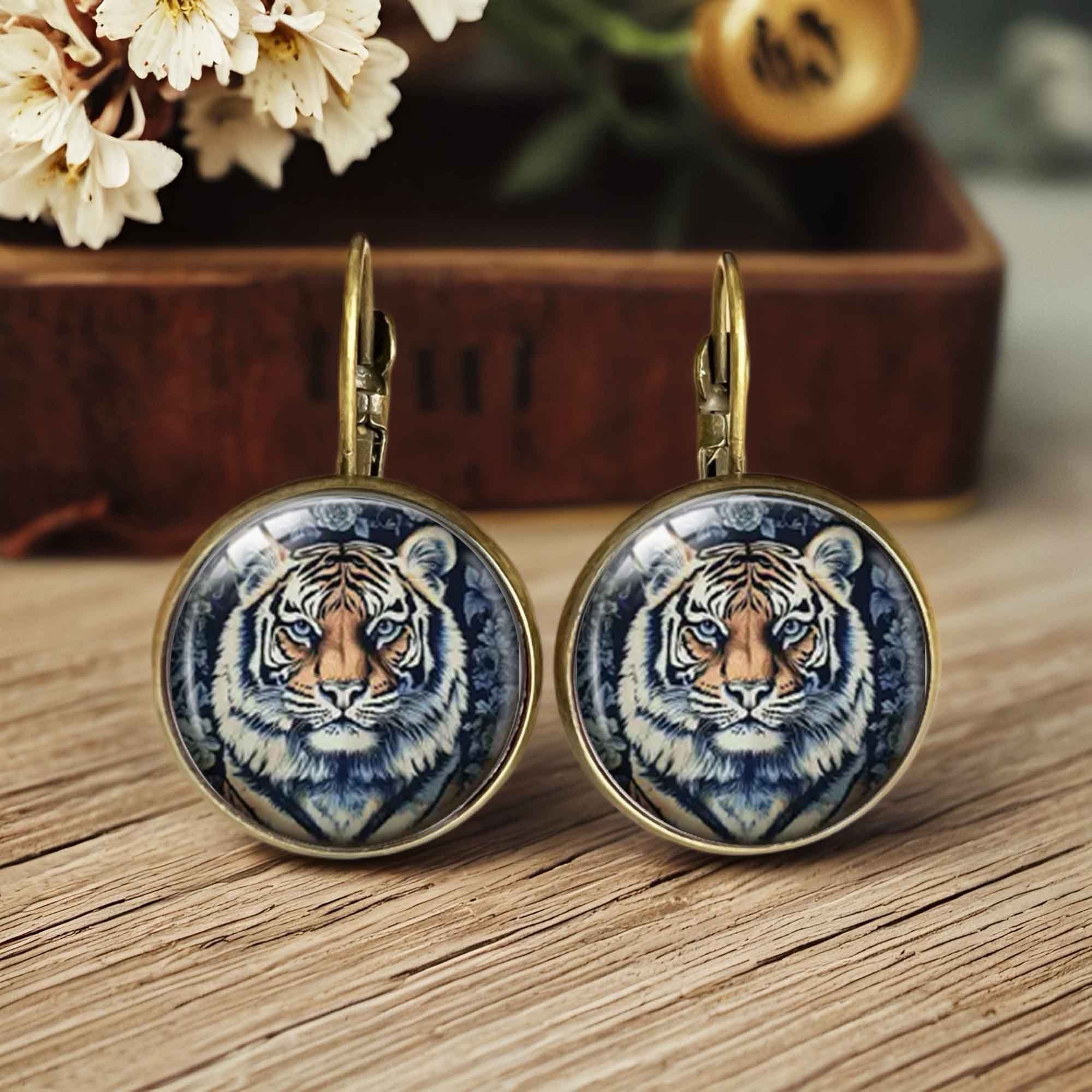 Blue Tiger-Patterned Round Earrings with Floral Design, Vintage Style